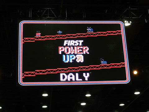 The over head screen displaying this years game (Power Up) and what Field we were playing on this year (Daly).