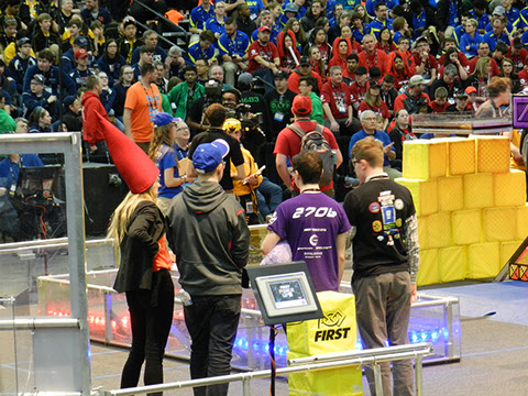 A picture of all four team representatives together during the alliance pick. From left to right: Team #2013,Team #141, Team #2706,and Team #1189.